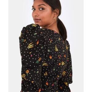 NWOT Farm Rio Black Chiffon Tropical Fruit Print Ruffle Frill Blouse Top Size S